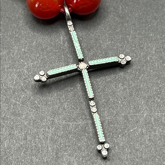 Vintage LUCKY BRAND Cross Necklace Carnelian Beads Hand Knotted 16" - Picture 9 of 9